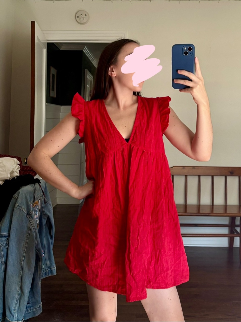 SHEIN Red V-Neck Ruffle Sleeve Mini Dress